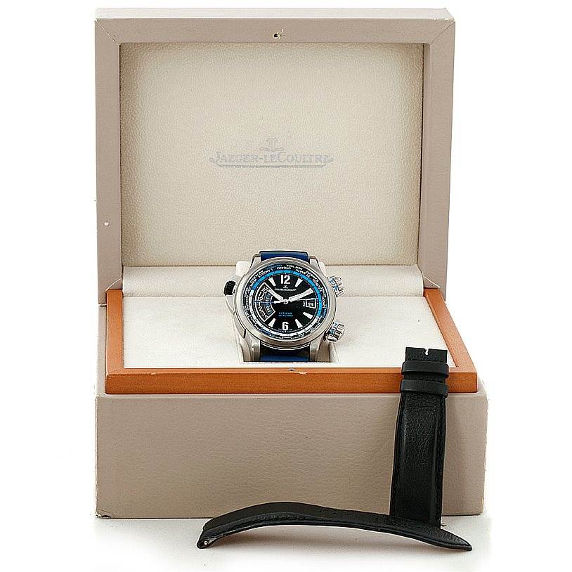 The Jaeger LeCoultre Master 150.T.42 Men
s Titanium Black Dial 150.T.42 Men
s Titanium Black Dial model watch is shown front-facing in its box, alongside an extra black strap.