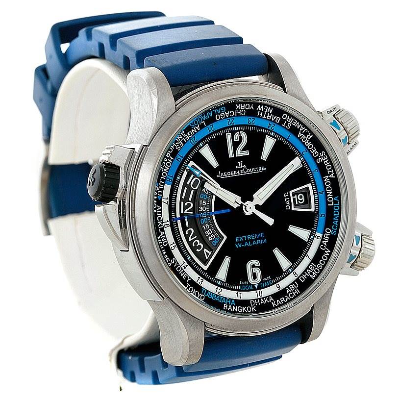 The image shows a close-up of the Jaeger LeCoultre Master 150.T.42 Men
s Titanium Black Dial 150.T.42 Men
s Titanium Black Dial model watch with a blue strap and visible date indicator.