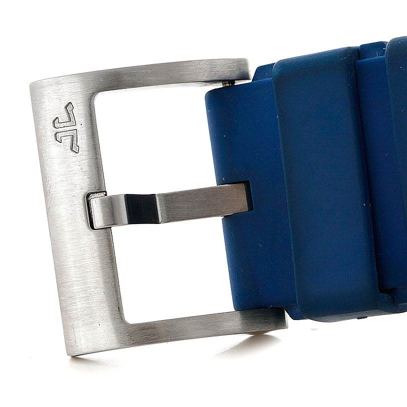 This image shows the clasp and a portion of a blue strap on a Jaeger-LeCoultre Master model watch.