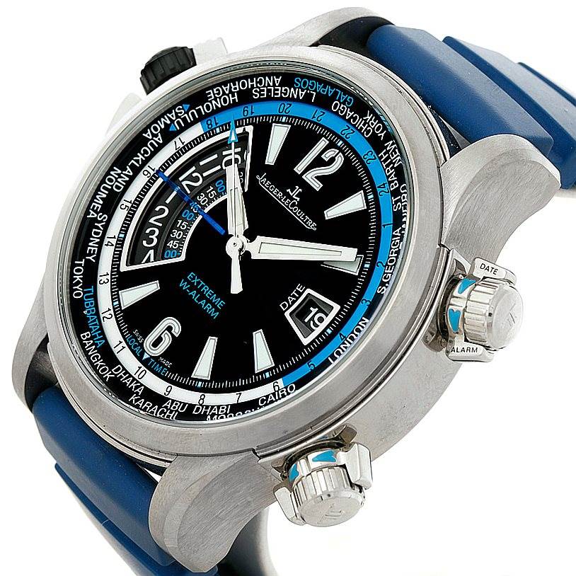 The image shows a close-up side angle of a Jaeger LeCoultre Master 150.T.42 Men
s Titanium Black Dial 150.T.42 Men
s Titanium Black Dial model watch, highlighting the dial, crown, and buttons.