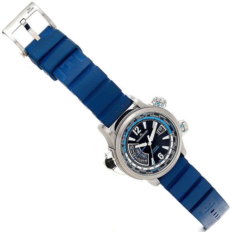 The image shows a Jaeger LeCoultre Master 150.T.42 Men
s Titanium Black Dial 150.T.42 Men
s Titanium Black Dial model watch from a diagonal angle, highlighting its blue strap and detailed face.