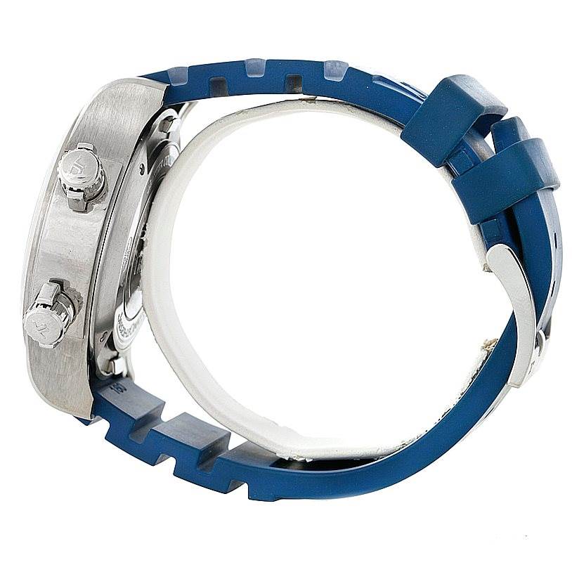 The watch is shown from a side angle focusing on the case and blue strap of the Jaeger LeCoultre Master 150.T.42 Men
s Titanium Black Dial 150.T.42 Men
s Titanium Black Dial model.