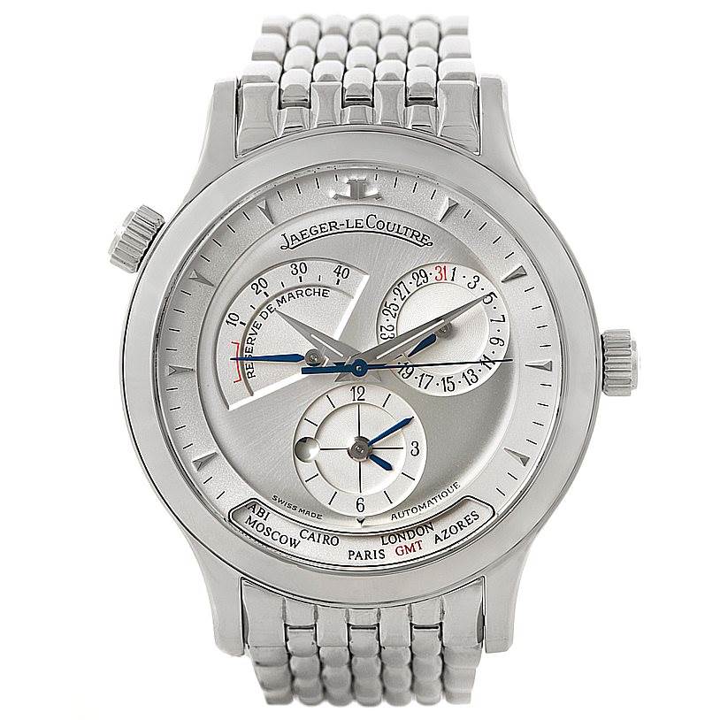 This Jaeger-LeCoultre Master model watch is shown from a front angle, displaying its face, dials, and metal bracelet.