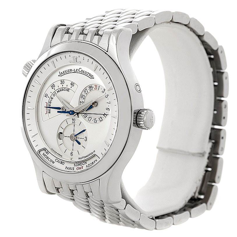 The image shows a Jaeger-LeCoultre Master model watch at an angled side view, highlighting the watch face, crown, and metallic strap.