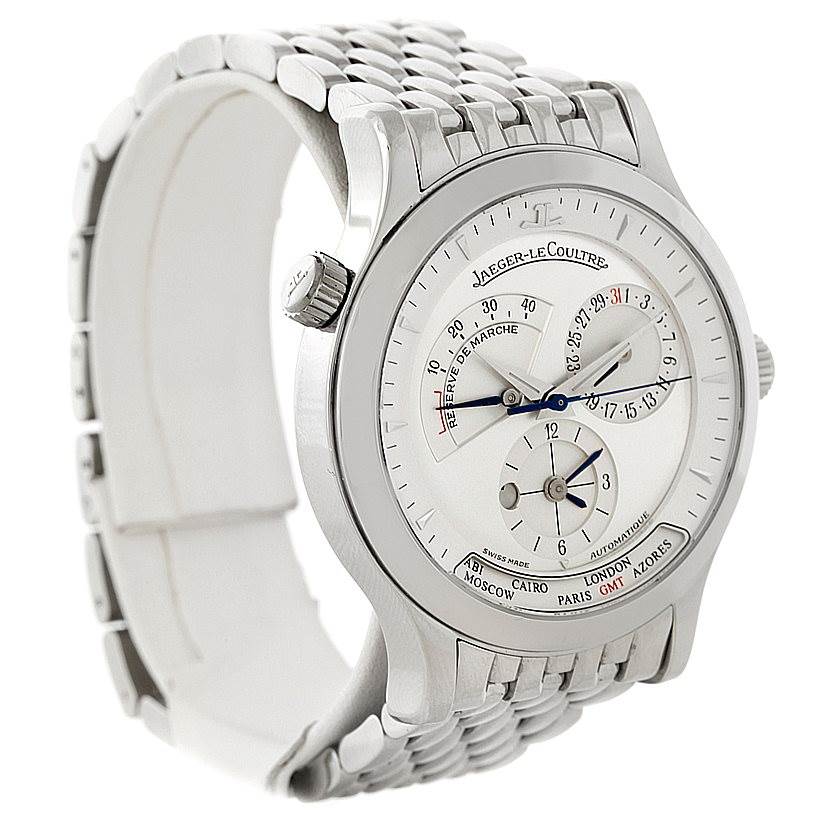 The watch is a Jaeger LeCoultre Master 142.8.92 Men's Stainless Steel Silver Dial 142.8.92 Men's Stainless Steel Silver Dial model shown from an angled side view, displaying its face, bezel, crown, and bracelet.