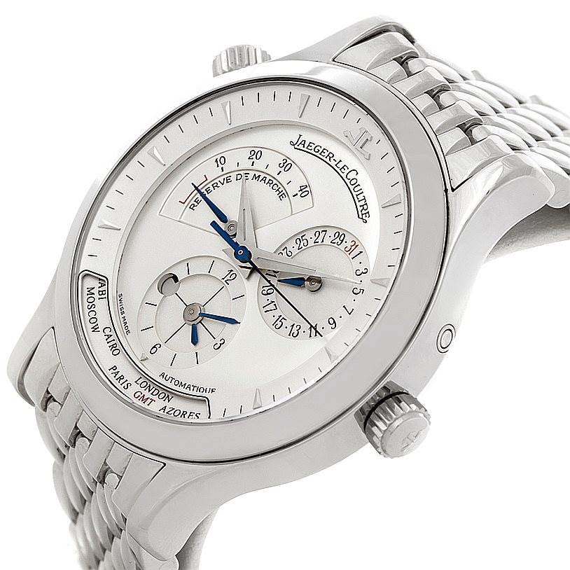 The image shows a Jaeger LeCoultre Master 142.8.92 Men's Stainless Steel Silver Dial 142.8.92 Men's Stainless Steel Silver Dial watch at a slight side angle, revealing the dial, crown, bracelet, and complications.