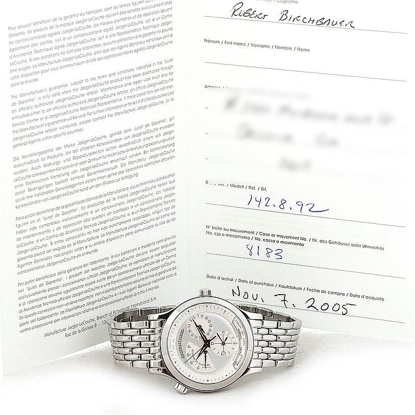 The image shows a front-facing Jaeger LeCoultre Master 142.8.92 Men's Stainless Steel Silver Dial 142.8.92 Men's Stainless Steel Silver Dial model watch along with its accompanying documentation.