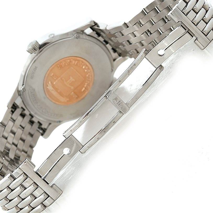 This image shows the back view of a Jaeger LeCoultre Master 142.8.92 Men's Stainless Steel Silver Dial 142.8.92 Men's Stainless Steel Silver Dial watch, focusing on the case back and metal bracelet clasp.
