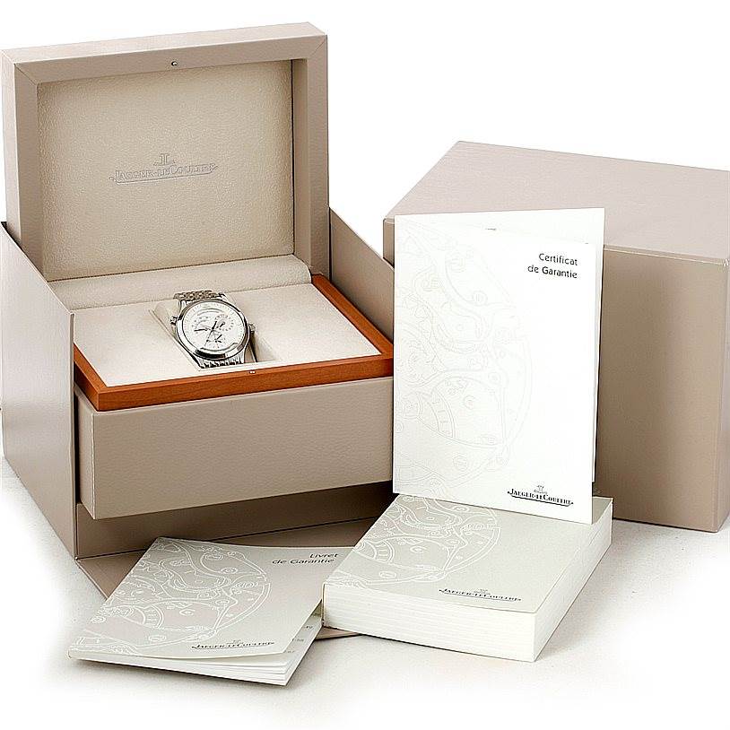 The Jaeger LeCoultre Master 142.8.92 Men's Stainless Steel Silver Dial 142.8.92 Men's Stainless Steel Silver Dial model watch is shown inside its box along with its warranty and user manuals.