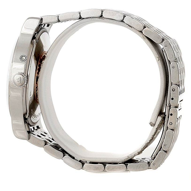 This image shows a side view of the Jaeger LeCoultre Master 142.8.92 Men's Stainless Steel Silver Dial 142.8.92 Men's Stainless Steel Silver Dial model watch, highlighting the crown, case, and stainless steel bracelet.