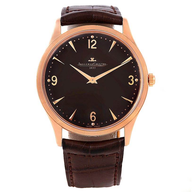 The image shows a front view of a Jaeger LeCoultre Master 142.2.92 Men
s Rose Gold Brown Dial 142.2.92 Men
s Rose Gold Brown Dial watch, highlighting its brown dial and leather strap.