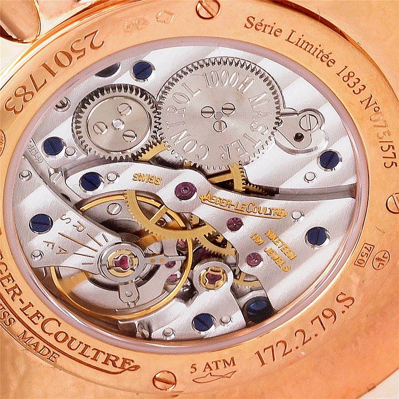 The image shows the intricate movement of the Jaeger-LeCoultre Master model watch from a close-up, rear view.