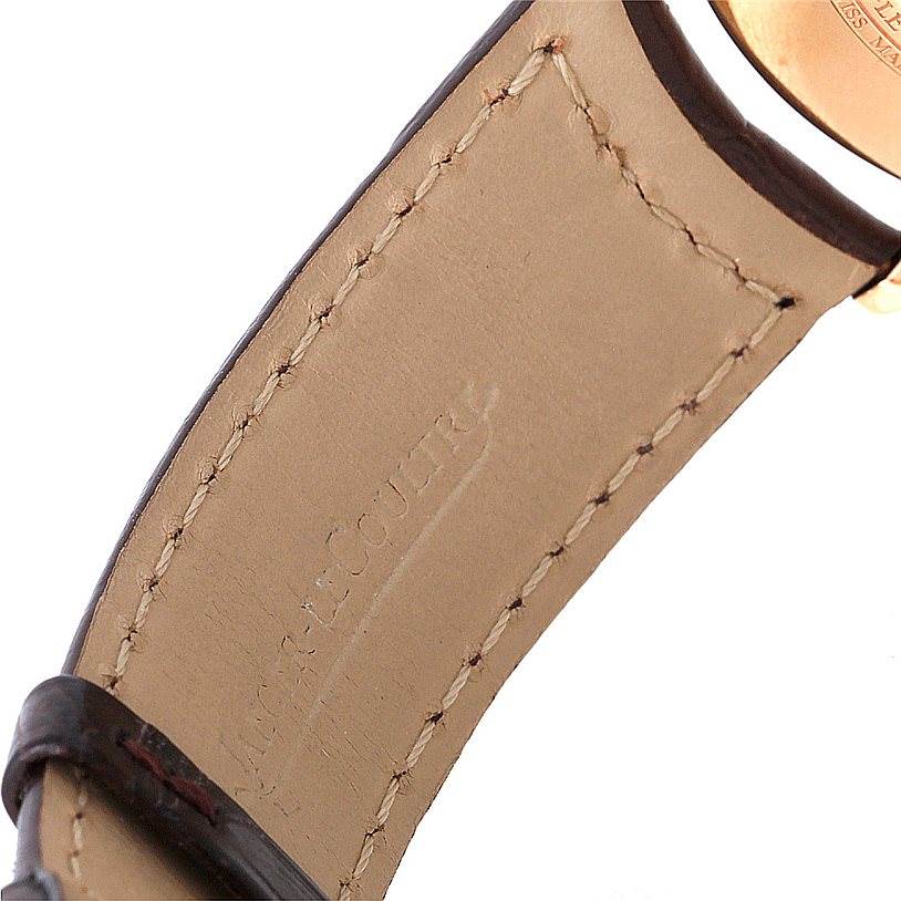 The image shows the interior view of the leather strap and a portion of the caseback of the Jaeger LeCoultre Master 142.2.92 Men
s Rose Gold Brown Dial 142.2.92 Men
s Rose Gold Brown Dial model watch.