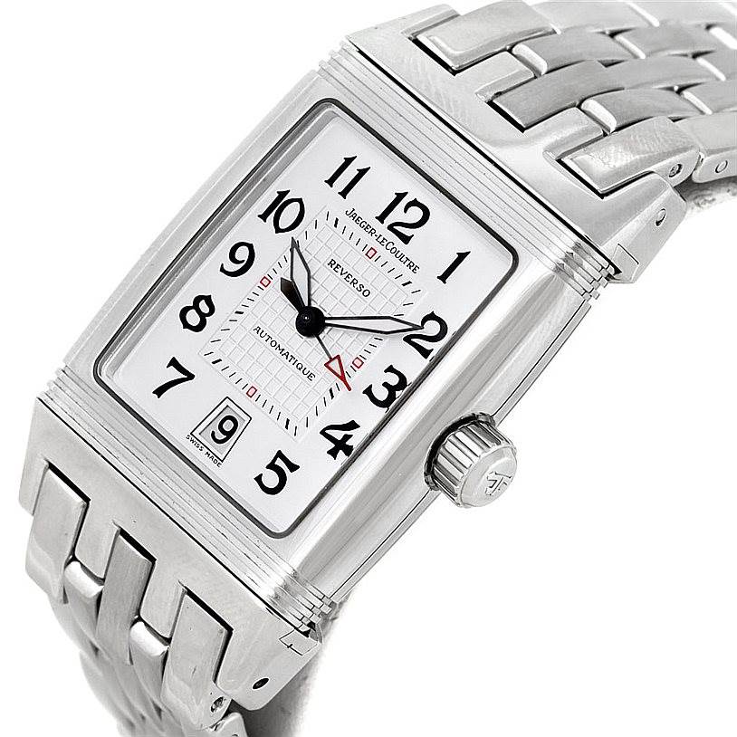 This image shows the Jaeger LeCoultre Reverso 290.8.60 Men
s Stainless Steel Silver Dial 290.8.60 Men
s Stainless Steel Silver Dial watch at an angled close-up, highlighting the face, crown, and bracelet.