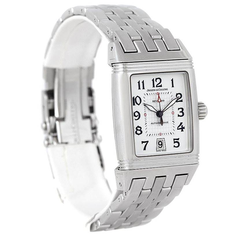 This image shows a frontal view of a Jaeger-LeCoultre Reverso watch, highlighting its rectangular face and metal bracelet.
