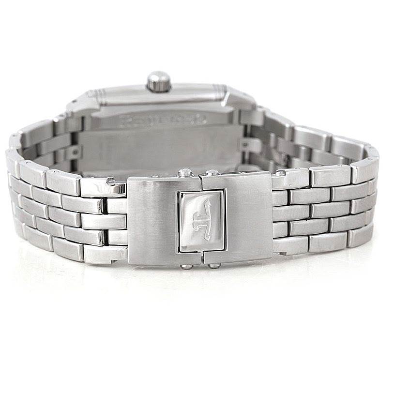 This image shows the stainless steel clasp and bracelet of a Jaeger LeCoultre Reverso 290.8.60 Men
s Stainless Steel Silver Dial 290.8.60 Men
s Stainless Steel Silver Dial watch from the back angle.