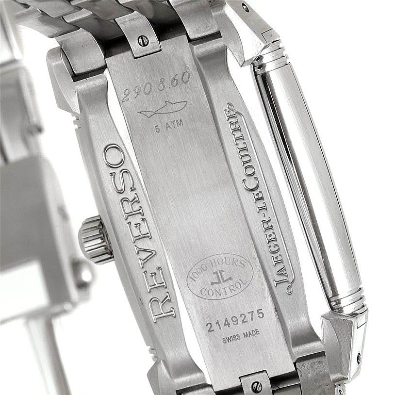 This image shows the reverse side and clasp of a Jaeger LeCoultre Reverso 290.8.60 Men
s Stainless Steel Silver Dial 290.8.60 Men
s Stainless Steel Silver Dial watch, including engraved model details.