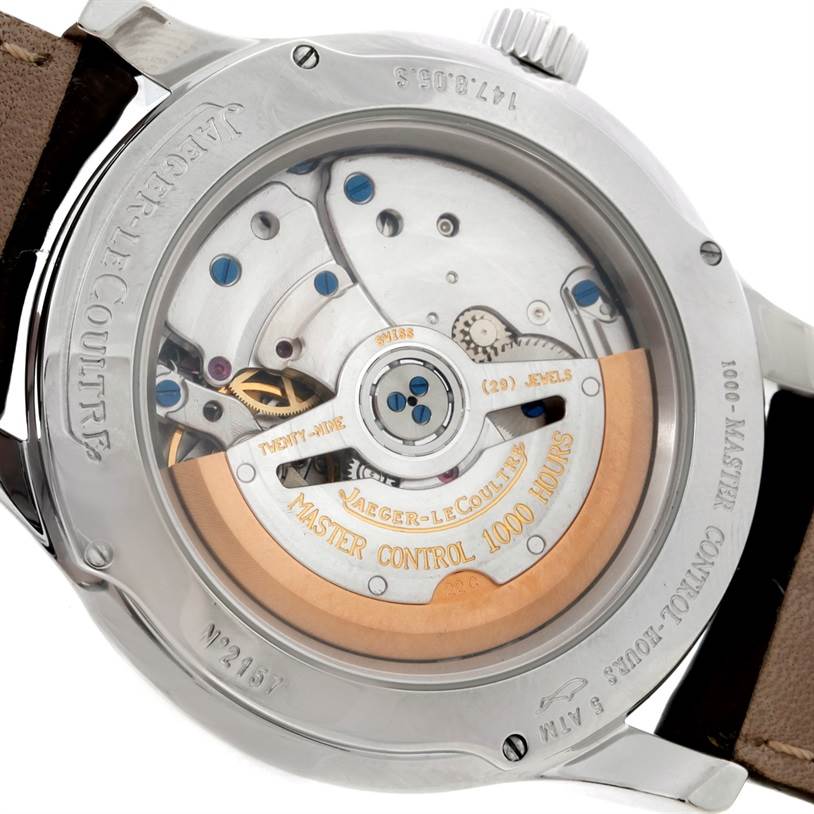 The image shows the back view of the Jaeger LeCoultre Master 147.8.05.S Men's Stainless Steel Silver Dial 147.8.05.S Men's Stainless Steel Silver Dial model watch, revealing its intricate movement and rotor.