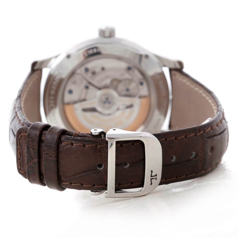 The image shows the back view of a Jaeger LeCoultre Master 147.8.05.S Men's Stainless Steel Silver Dial 147.8.05.S Men's Stainless Steel Silver Dial model watch, highlighting its leather strap and buckle.