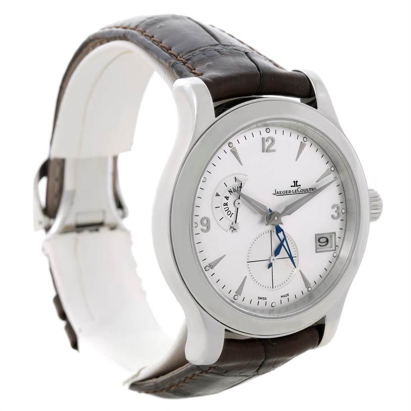 This image shows a Jaeger LeCoultre Master 147.8.05.S Men's Stainless Steel Silver Dial 147.8.05.S Men's Stainless Steel Silver Dial model watch at a 3/4 angle, highlighting its face, crown, and leather strap.