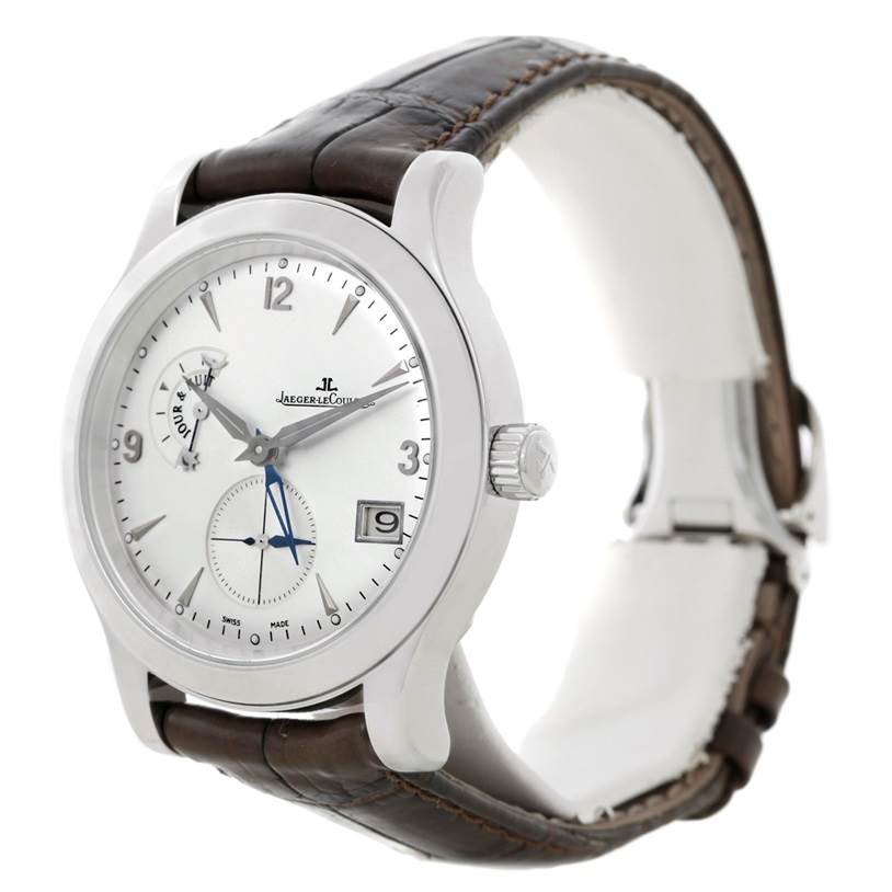 The image shows a Jaeger LeCoultre Master 147.8.05.S Men's Stainless Steel Silver Dial 147.8.05.S Men's Stainless Steel Silver Dial model watch at a slight angled view, displaying the face, crown, and strap.