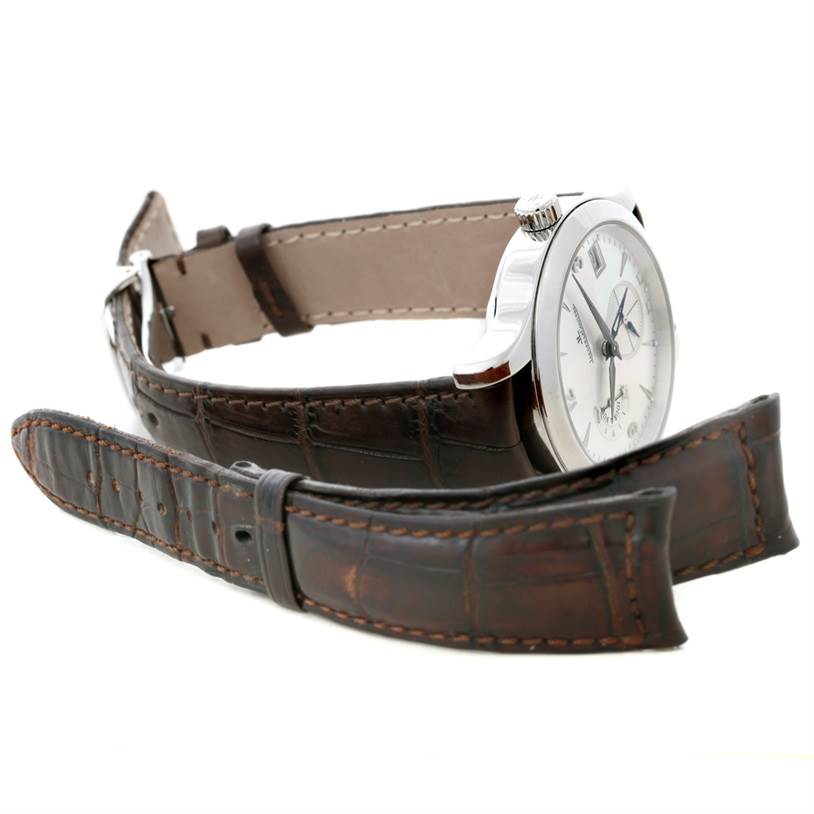 The image shows a side view of a Jaeger LeCoultre Master 147.8.05.S Men's Stainless Steel Silver Dial 147.8.05.S Men's Stainless Steel Silver Dial model watch and its brown leather strap.