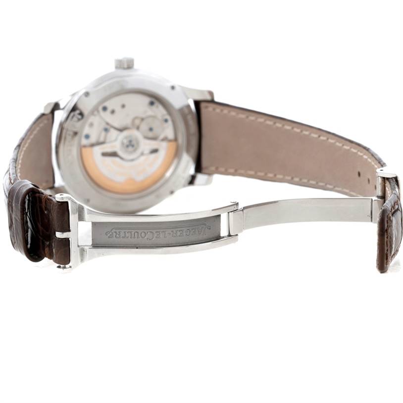 The image shows the back view of the Jaeger LeCoultre Master 147.8.05.S Men's Stainless Steel Silver Dial 147.8.05.S Men's Stainless Steel Silver Dial model watch, highlighting the movement and deployment clasp.