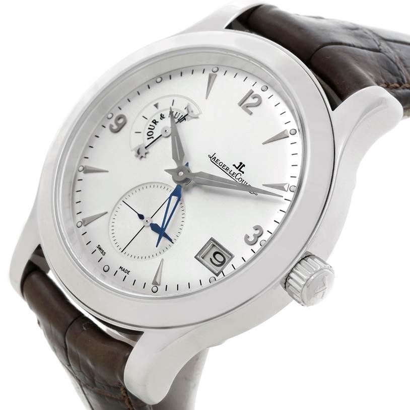 The Jaeger LeCoultre Master 147.8.05.S Men's Stainless Steel Silver Dial 147.8.05.S Men's Stainless Steel Silver Dial model watch is shown at a slight angle, highlighting its silver dial, subdials, and brown leather strap.