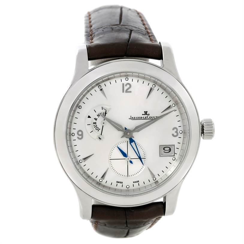 The image shows a front view of the Jaeger-LeCoultre Master model watch, highlighting its dial, hands, date display, and leather strap.