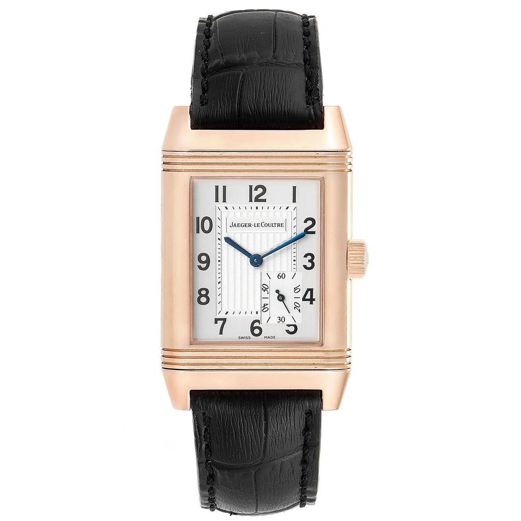 This is a front view of a Jaeger-LeCoultre Reverso watch, showing its rectangular face, black leather strap, and side crown.