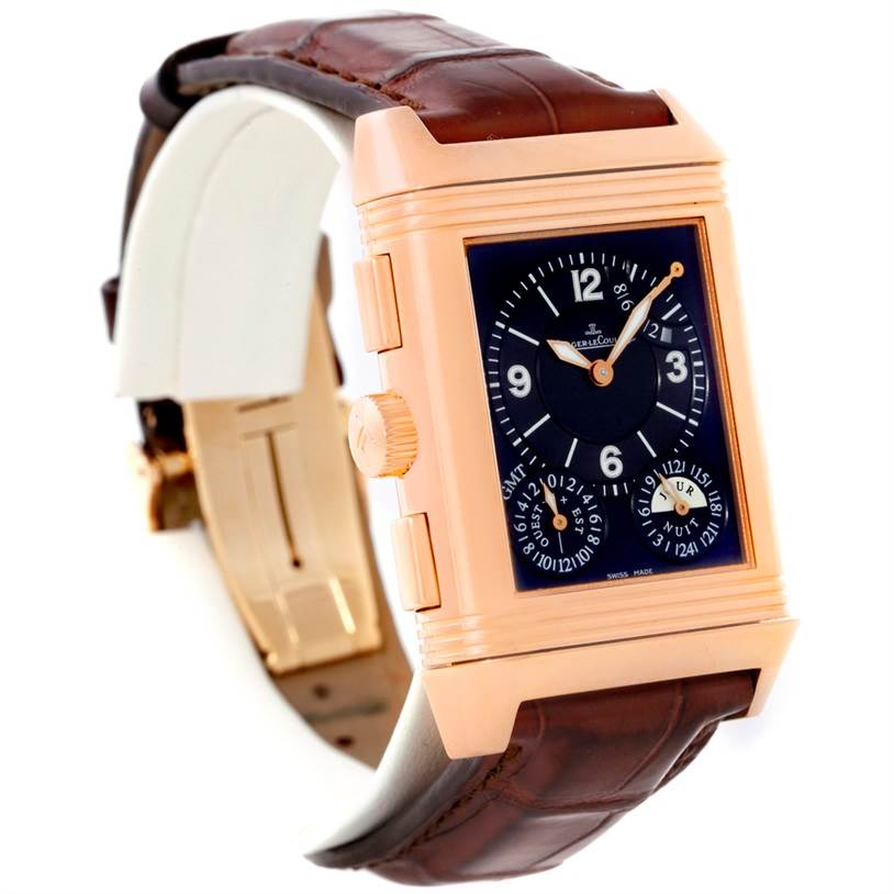 This image shows a Jaeger LeCoultre Reverso 240.2.18 Men
s Rose Gold Silver Dial 240.2.18 Men
s Rose Gold Silver Dial watch at a three-quarter angle, highlighting the face, bezel, crown, and strap.