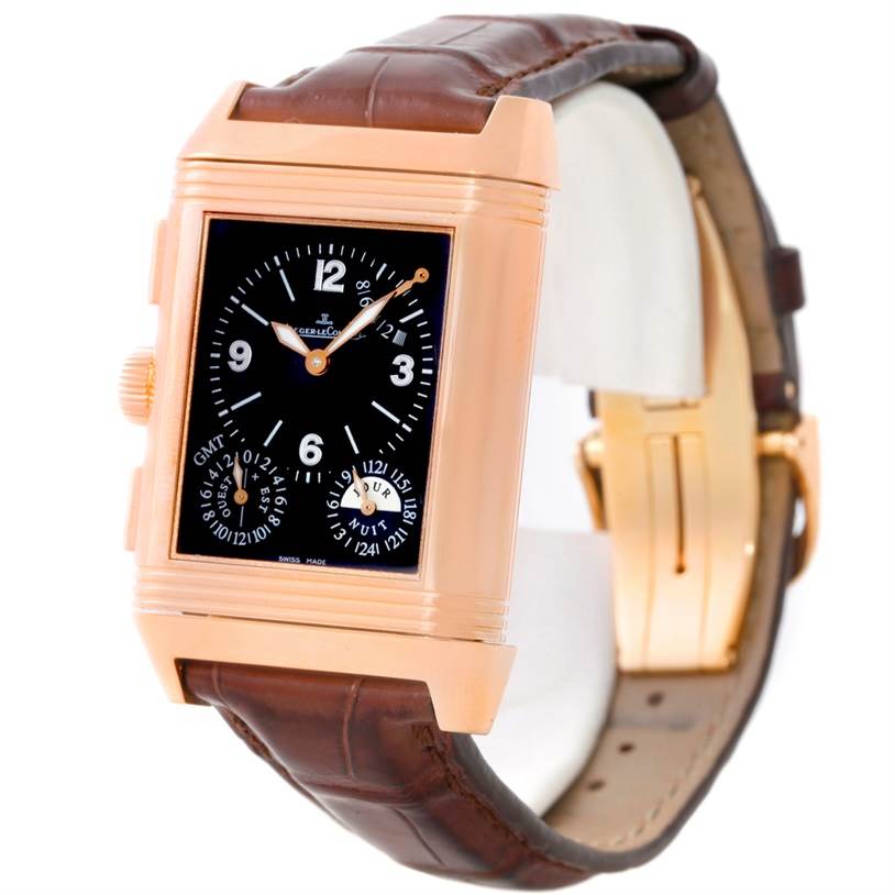 This Jaeger LeCoultre Reverso 240.2.18 Men
s Rose Gold Silver Dial 240.2.18 Men
s Rose Gold Silver Dial watch is shown at an angled front view featuring its dial, case, and brown leather strap.