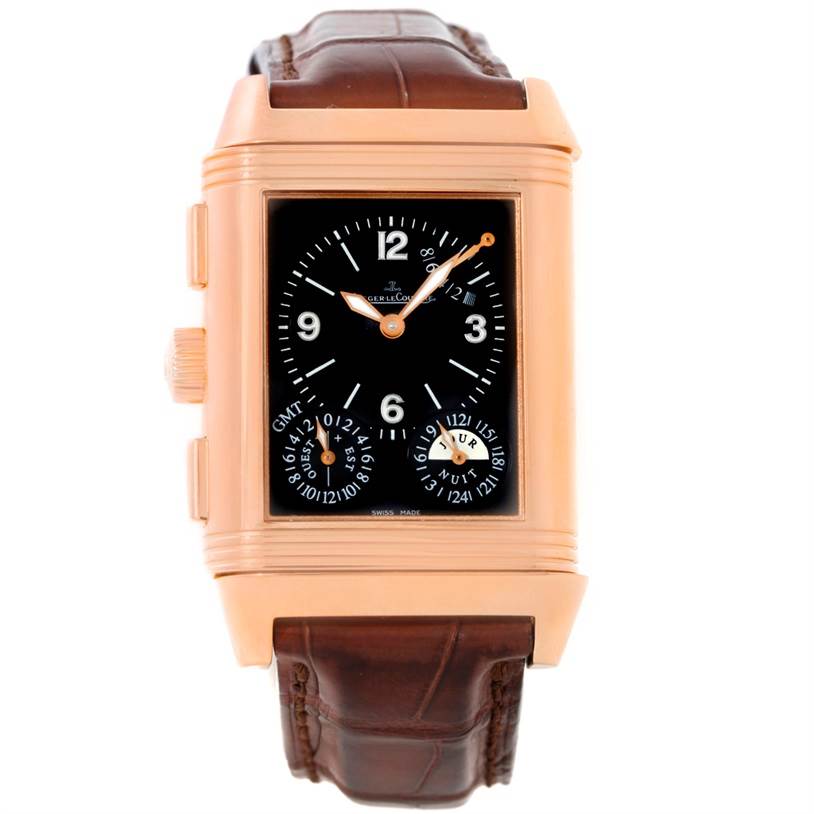 A frontal view of the Jaeger LeCoultre Reverso 240.2.18 Men
s Rose Gold Silver Dial 240.2.18 Men
s Rose Gold Silver Dial watch, showcasing its rectangular case, black dial, and brown leather strap.