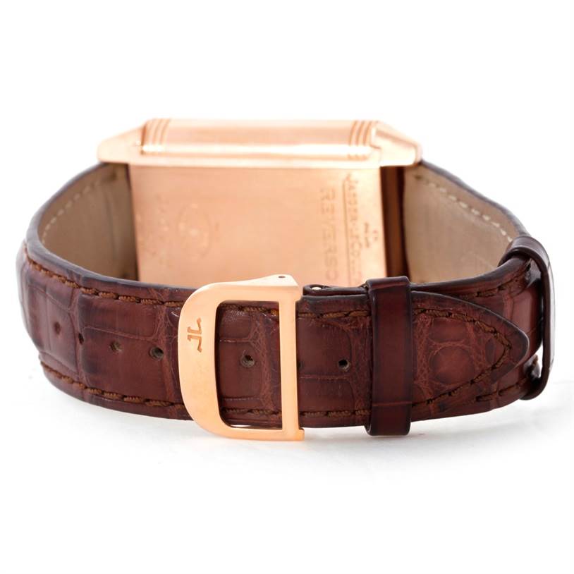 This image shows the back view of a Jaeger LeCoultre Reverso 240.2.18 Men
s Rose Gold Silver Dial 240.2.18 Men
s Rose Gold Silver Dial watch, focusing on the leather strap and clasp.