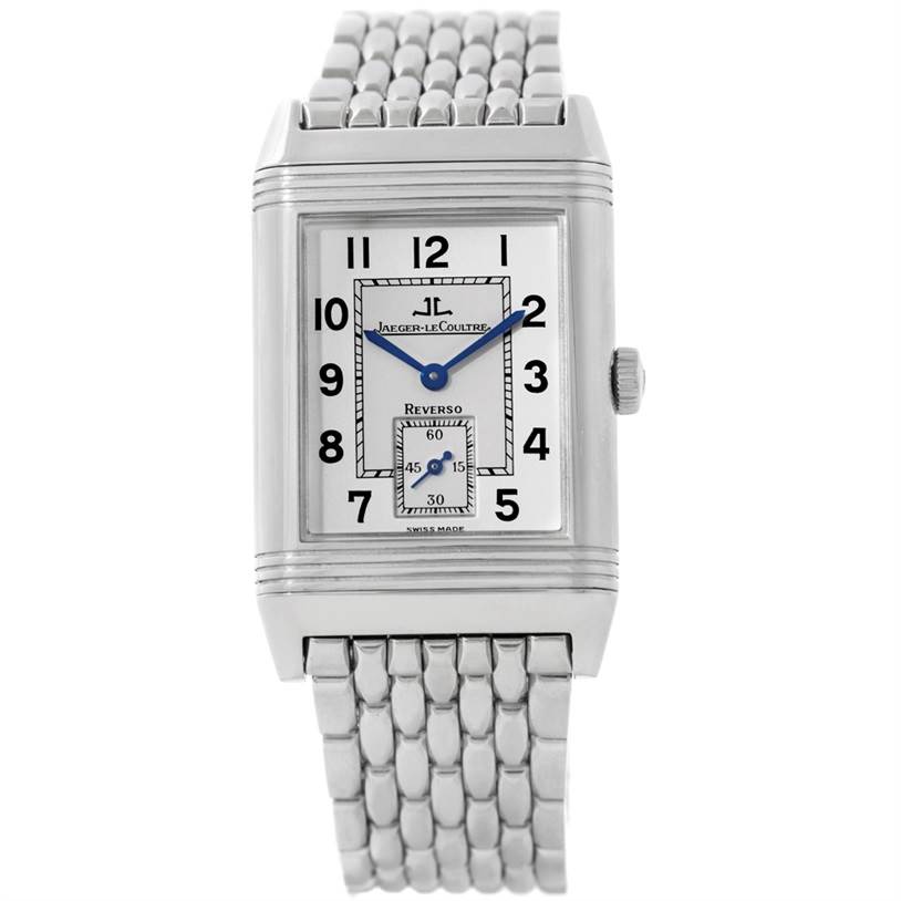 The image shows a front view of the Jaeger-LeCoultre Reverso watch, highlighting its rectangular dial and metal bracelet.