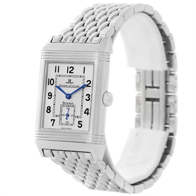 The image shows a front angle of a Jaeger LeCoultre Reverso 270.8.62 Men's Stainless Steel Silver Dial 270.8.62 Men's Stainless Steel Silver Dial watch, displaying its face, dial, and metal bracelet.