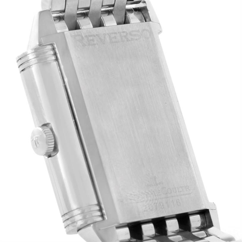 This image shows the reverse side and crown of a Jaeger LeCoultre Reverso 270.8.62 Men's Stainless Steel Silver Dial 270.8.62 Men's Stainless Steel Silver Dial watch at an angled view.