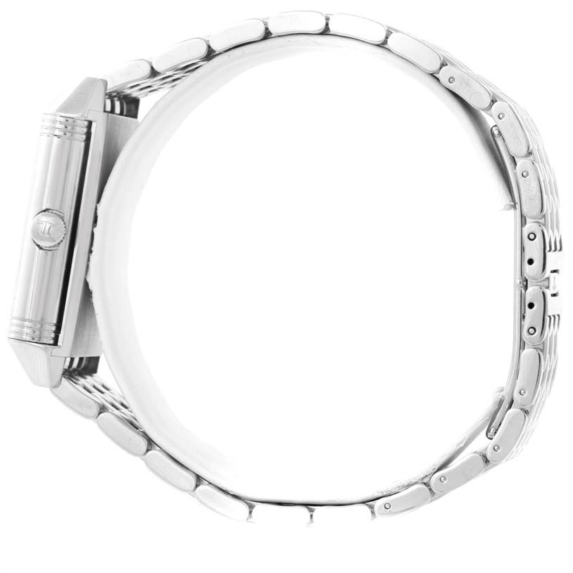 The image shows a side view of the Jaeger LeCoultre Reverso 270.8.62 Men's Stainless Steel Silver Dial 270.8.62 Men's Stainless Steel Silver Dial watch, highlighting the watch case and metal bracelet.