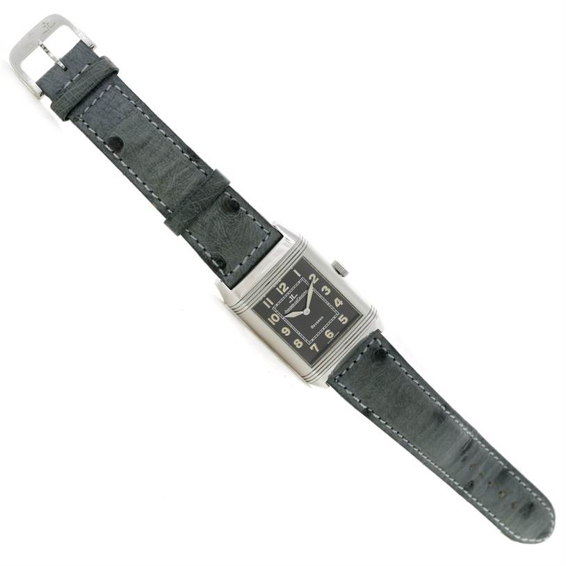 The image shows a full Jaeger LeCoultre Reverso 271.8.61 Men's Stainless Steel Grey Dial 271.8.61 Men's Stainless Steel Grey Dial watch from a top-down angle, displaying the strap, buckle, case, and dial.