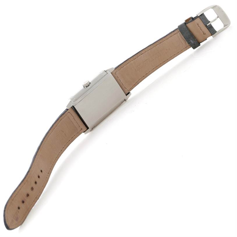 The image shows the back and side of a Jaeger LeCoultre Reverso 271.8.61 Men's Stainless Steel Grey Dial 271.8.61 Men's Stainless Steel Grey Dial watch with its leather strap and buckle.