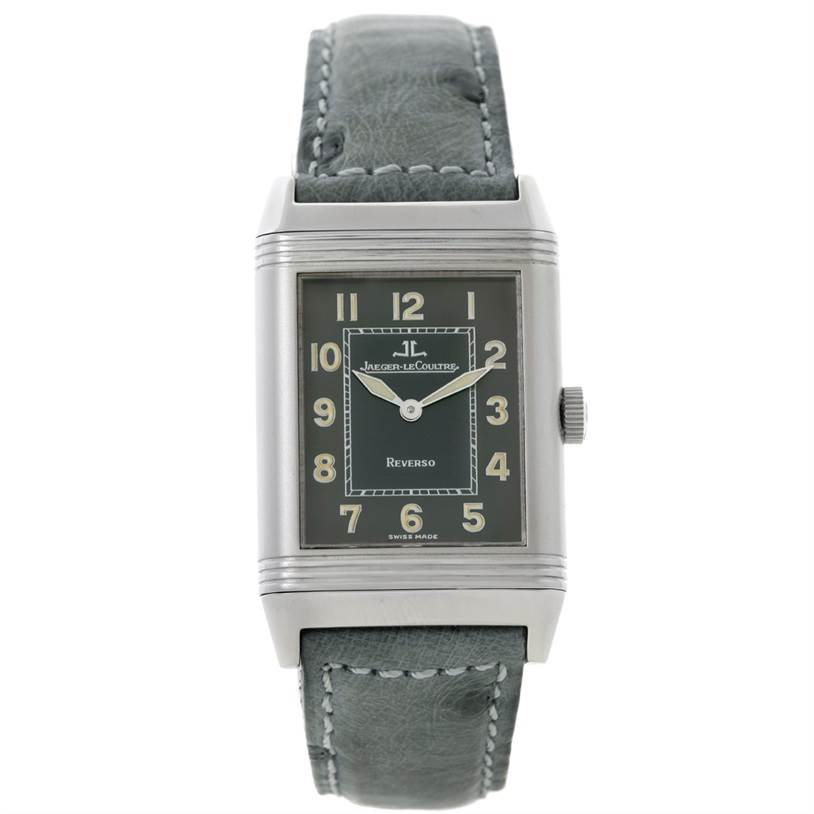 The image shows a front view of the Jaeger LeCoultre Reverso 271.8.61 Men's Stainless Steel Grey Dial 271.8.61 Men's Stainless Steel Grey Dial watch, highlighting the dial, case, and leather strap.