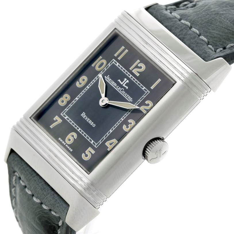 This image shows a close-up angled view of the Jaeger LeCoultre Reverso 271.8.61 Men's Stainless Steel Grey Dial 271.8.61 Men's Stainless Steel Grey Dial watch, focusing on the dial, case, and crown.