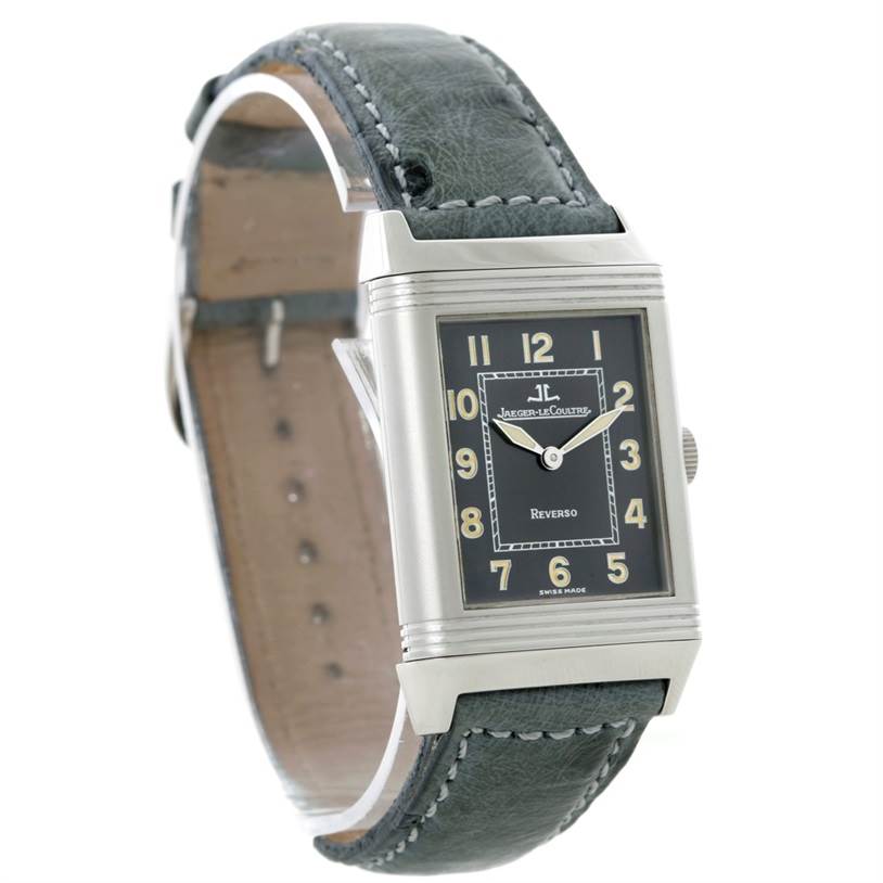 The image shows a Jaeger LeCoultre Reverso 271.8.61 Men's Stainless Steel Grey Dial 271.8.61 Men's Stainless Steel Grey Dial watch from a front and slightly angled side perspective, highlighting the dial and leather strap.