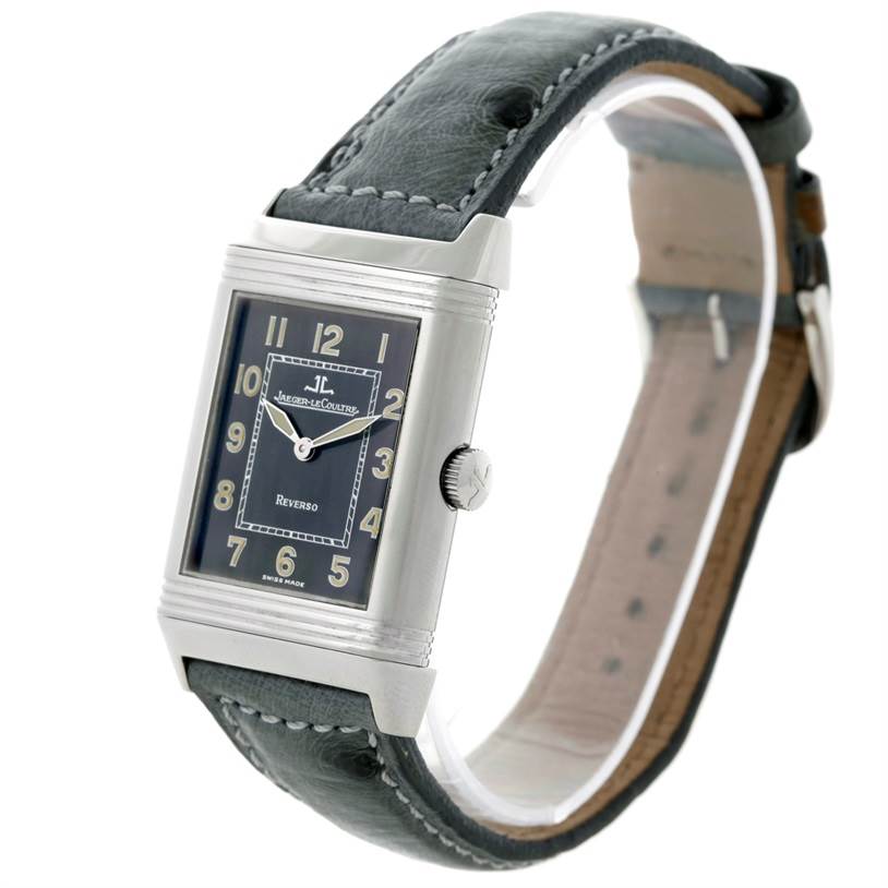 The image shows a Jaeger LeCoultre Reverso 271.8.61 Men's Stainless Steel Grey Dial 271.8.61 Men's Stainless Steel Grey Dial watch at a three-quarter angle, highlighting the watch face, crown, and leather strap.