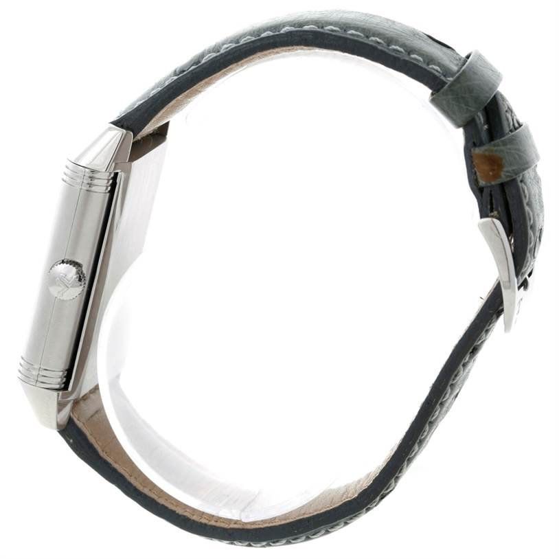 The image shows a side view of the Jaeger LeCoultre Reverso 271.8.61 Men's Stainless Steel Grey Dial 271.8.61 Men's Stainless Steel Grey Dial watch with its stainless steel case and leather strap.