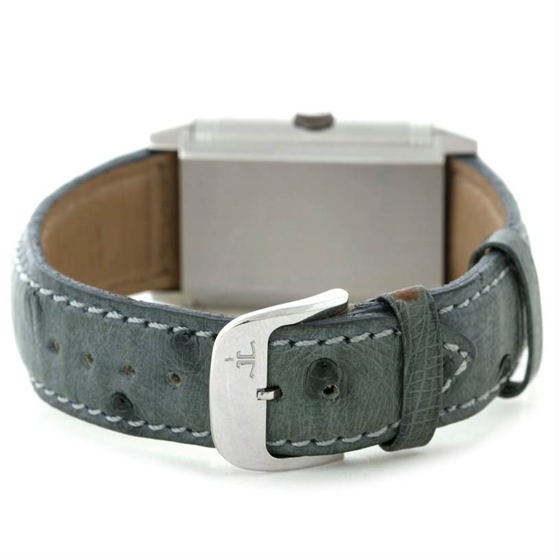 The image shows a rear-angle view of a Jaeger LeCoultre Reverso 271.8.61 Men's Stainless Steel Grey Dial 271.8.61 Men's Stainless Steel Grey Dial watch with focus on the leather strap and buckle.