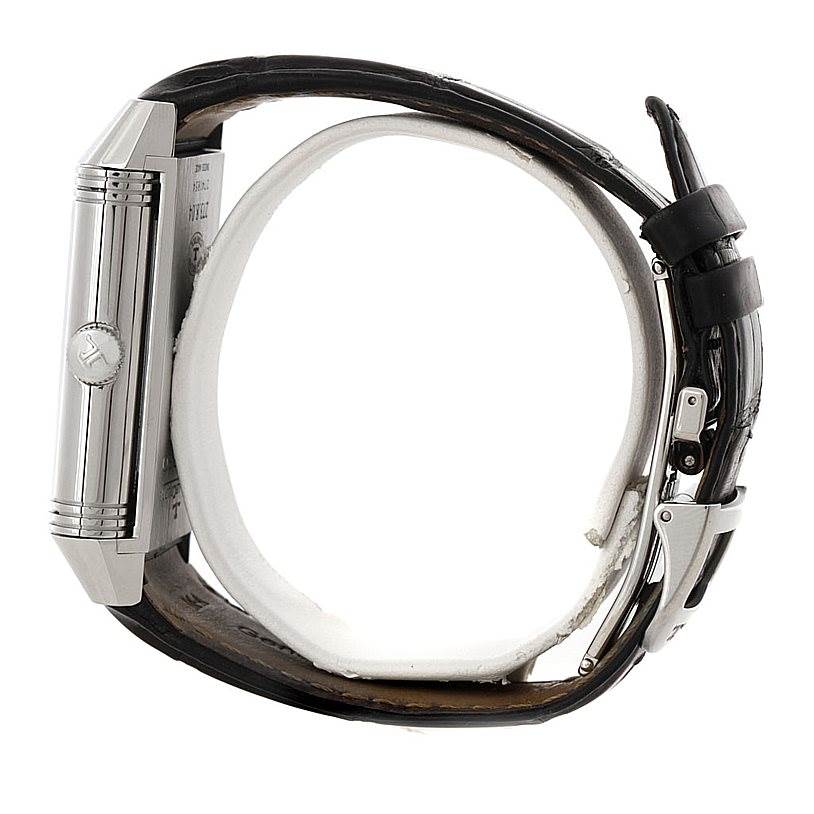 This image shows a side view of the Jaeger LeCoultre Reverso 273.8.04 Men's Stainless Steel Silver Dial 273.8.04 Men's Stainless Steel Silver Dial watch, highlighting the case, crown, and strap.