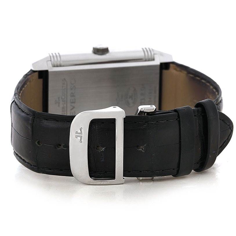 The image shows the back and strap of a Jaeger LeCoultre Reverso 273.8.04 Men's Stainless Steel Silver Dial 273.8.04 Men's Stainless Steel Silver Dial watch, focusing on the buckle and case back.