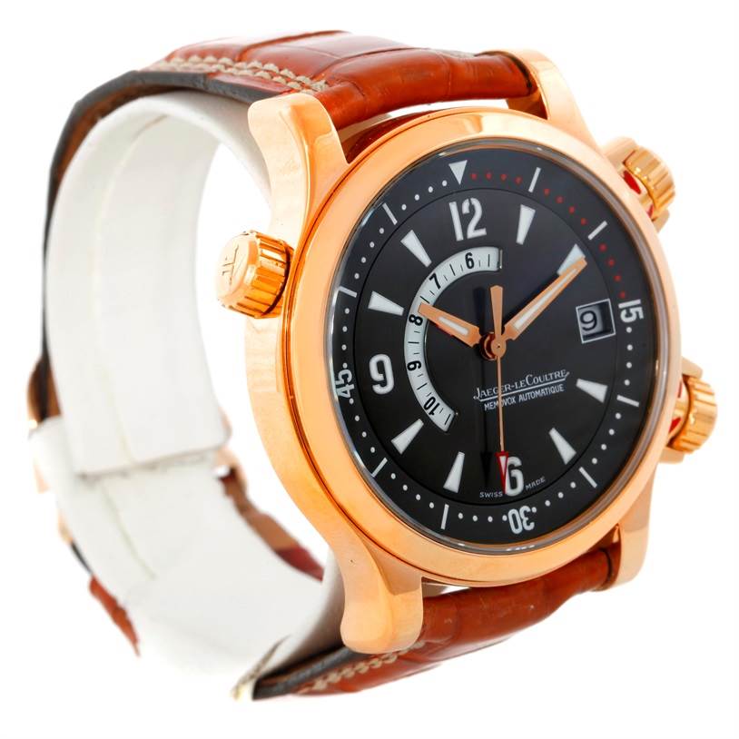 This Jaeger-LeCoultre Master model watch is shown at a slight angle, highlighting the dial, case, crown, and leather strap.