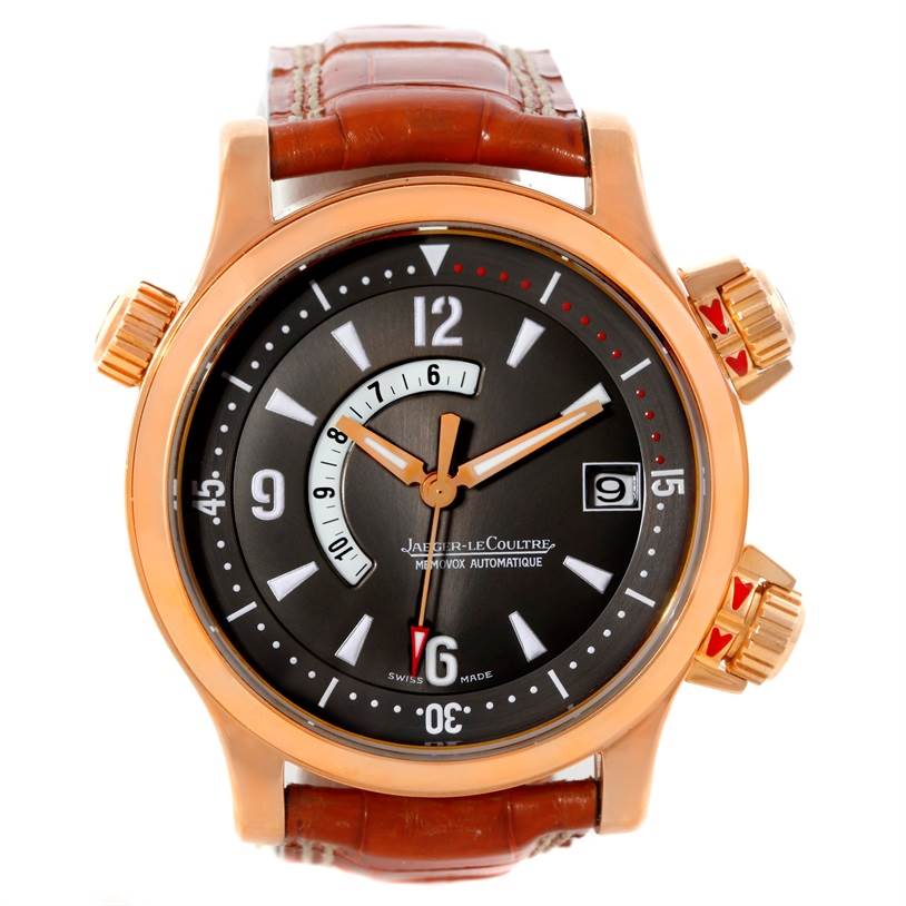 This is a front view of the Jaeger-LeCoultre Master model, showing the dial, bezel, crown, and leather strap.